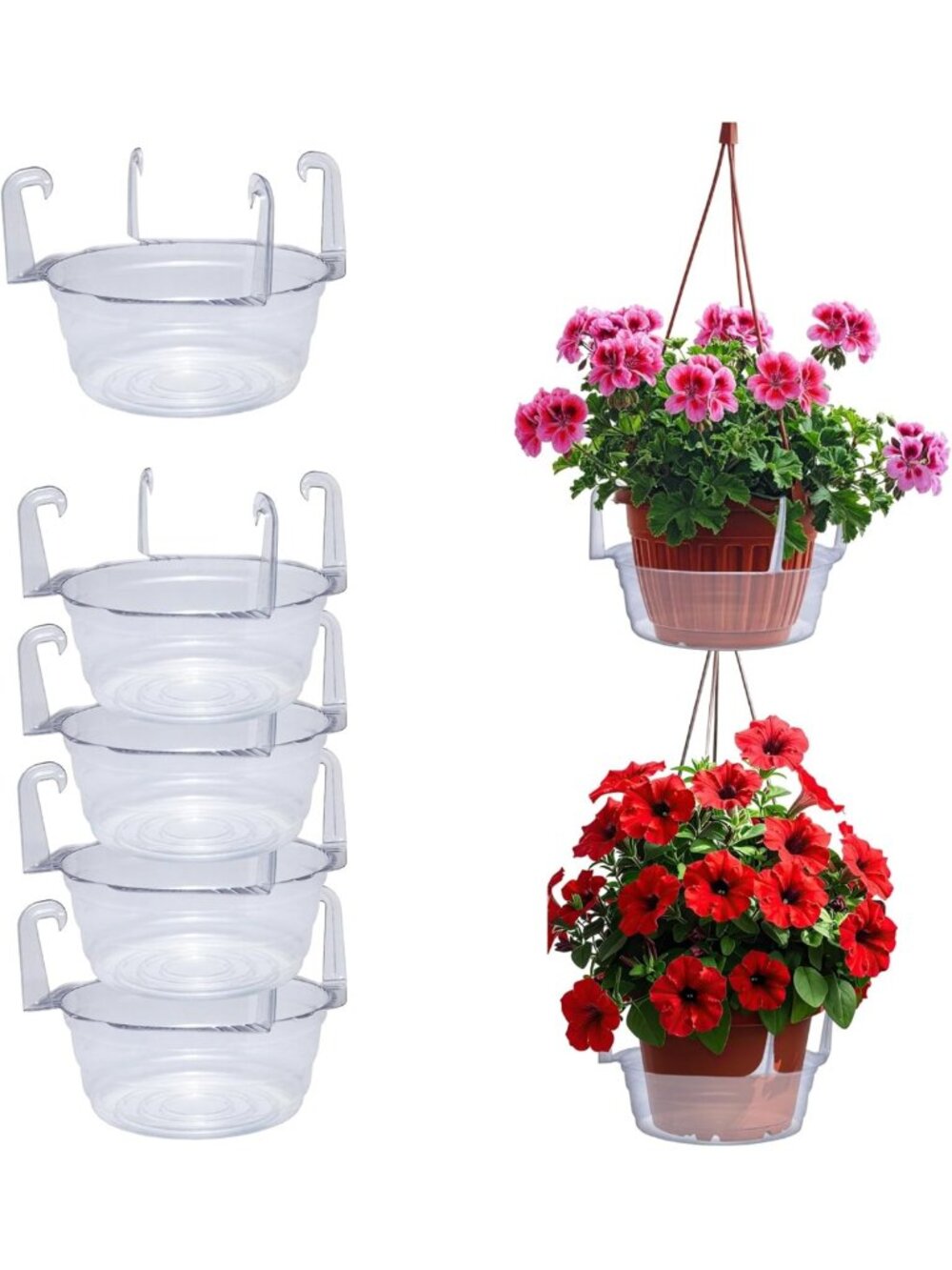 Clear Round Hanging Basket Drip Pans (5-Pack) | Plant Tray Saucer with Hooks
